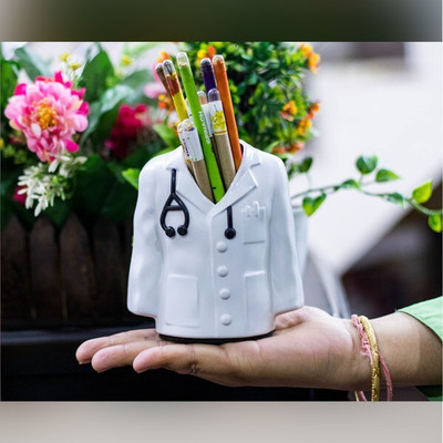 BHAVISHU 1 Compartments Plastic Pen Stand(White)