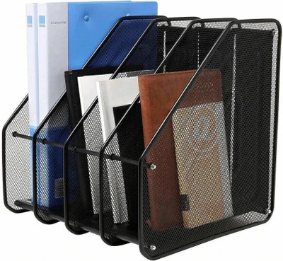 Fonicy 4 Compartments Metal Paper Organiser Magazine Holder Rack Stand(Black)