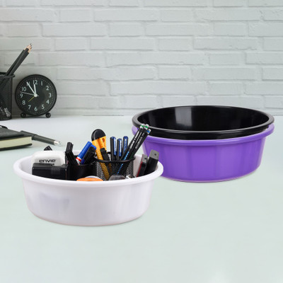 KUBER INDUSTRIES 3 Compartments Plastic Desk Organizer(Purple & Black & White)