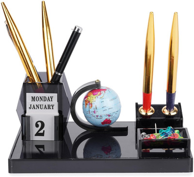 DeskDock 4 Compartments Acrylic Pen Stand & Pen Holder & Mobile Holder For Office Table and Home Table(Smoke Black)