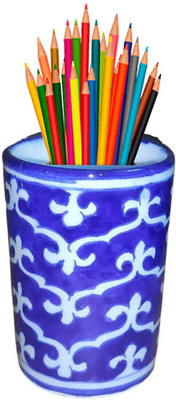 om craft villa 1 Compartments Ceramic Blue Art Pottery Decorative Pen/Pencil Holder (PENHOLDER-4)(Blue)