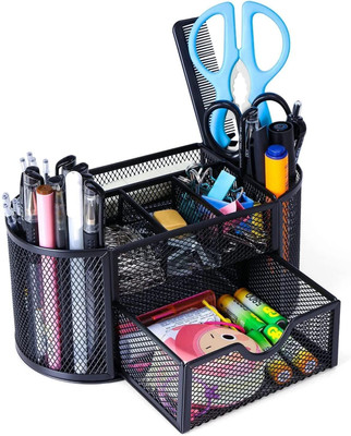 Voroly 9 Compartments Metal Pen, Pencil Holder for Office, Home and Study Table(Black)
