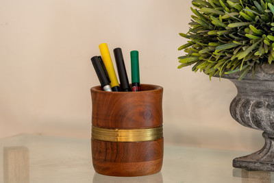 Olha-O 1 Compartments wooden Desk Organizer including slots of pens(Gold and Brown)