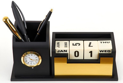 EQUIMASTER 2 Compartments MDF with Plastic Components Pen Holder with Clock and Infinity Calendar(Black)