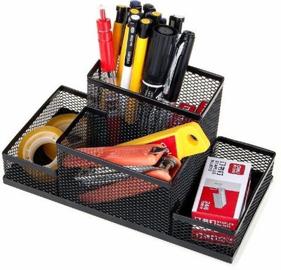 JAI SHRI 4 Compartments Stylish Stand Pen / Pencil / Remote / Scissor / Marker Holder For Office Table Pen, Pencil & Other Stationary Item Stand Holder With 4 Compartments(Black)