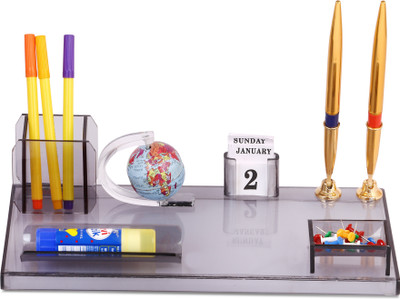 RASPER Multipurpose 3 Compartments Desk Organizer With Revolving Globe Calendar Pen Holder Office Table Top Acrylic Pen Stand(Smoke-Black)