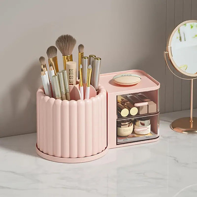 HOUSE OF QUIRK 9 Compartments Plastic Rotating Makeup Organizer With Drawer Cosmetic Display Case-23.5*10*13cm(Pink)