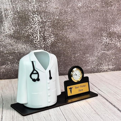 GENIYO 1 Compartments Pencil Holder, Clock and Personalized Name Engraved Plate | Customized Desk Organizer for Doctor and Medical Aspirants with Apron/Coat Shape.(White, Black)