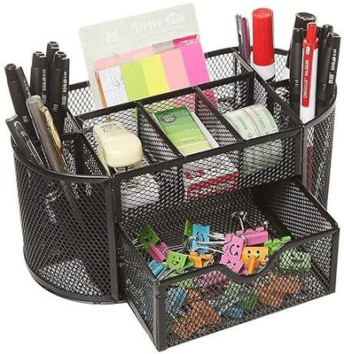 SkyFurnish 9 Compartments Metal Mesh Desk Organizer Multipurpose Pen Stand for Office & Home(Black)