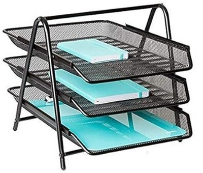 divinezon 3 Compartments Metal 3 Tire Metal Mesh Document Tray A4 Size File Rack(Black)