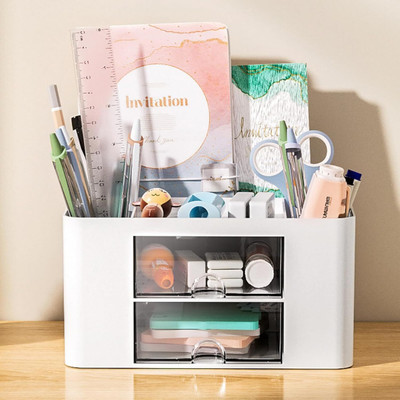 IMPRONOW 5 Compartments Abs Plastic Multi-Functional Desk Organizer with Drawer & Storage Stand(White)