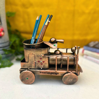 kreative garage 1 Compartments Iron Iron Train Engine Decorative Showpiece Figurine Pen Stand For Home and office(Rustic Brown)