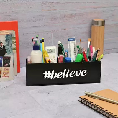 MRIYANGNI 4 Compartments Wooden believe Makeup Brush Organize and pen stand for offiice table(Black)