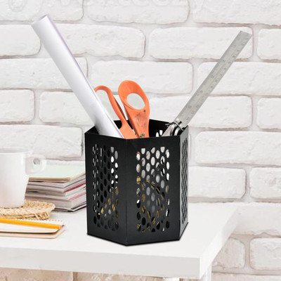 Capital Mart 1 Compartments Metal Hexagon Metal Pen Stand | Black Office Desk Organizer Multipurpose Use(Black)