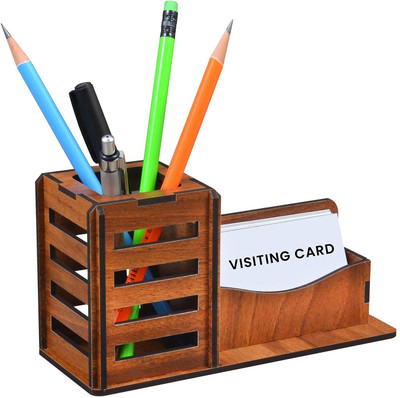 ASCELIO 2 Compartments MDF Wooden Body Material with 4 MM Thickness Stationery Item Stand for Work Desk Pencil Holder with Business-Visiting Card Holder for Office Desk and Study Table(NATURAL WOODEN COLOR- Brings a Timeless, Warm & Authentic Wood Tone to Any Space)
