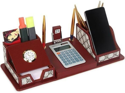 Radisson 4 Compartments Wooden Desk Organizer Pen Stand,Mobile Holder With Calculator,Watch & date for Desktop(Brown)