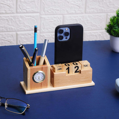 OCHHAV 2 Compartments Pen Stand with Calender, Clock, Business Visiting Card and Mobile Holder | Perfect Office Decor combo for Desk Organization, Office Desks, Home Office(Beige)