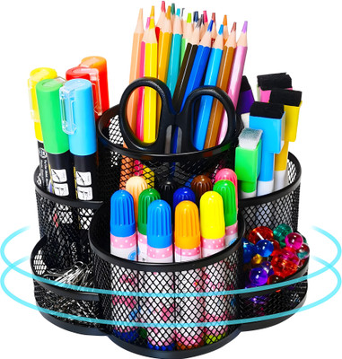 Bellveen 7 Compartments Metal Pen Holder for Desk Mesh Desktop Stationary Organizer 360 Degree Rotating(Black)