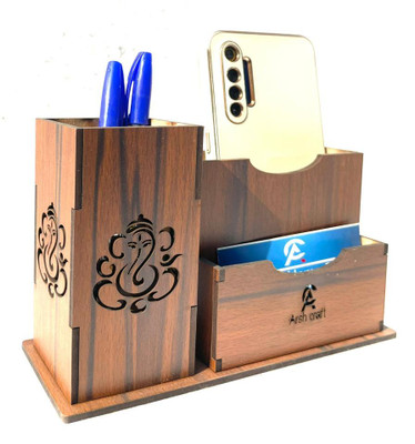 ARSH Craft 3 Compartments Wooden Mobile and Pen Stand(Brown)