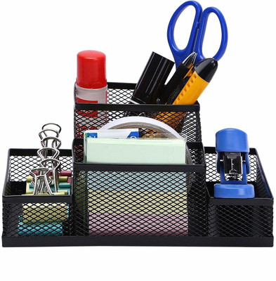 Abhi Creation 4 Compartments Metal office stationary holder(Black)