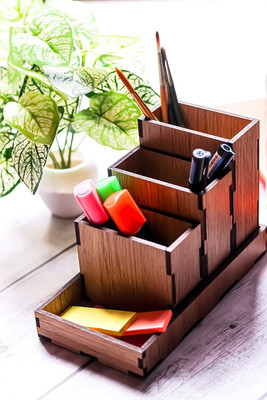 WOODOLOGY INDIA 4 Compartments Wood Desk Organizer(Brown)