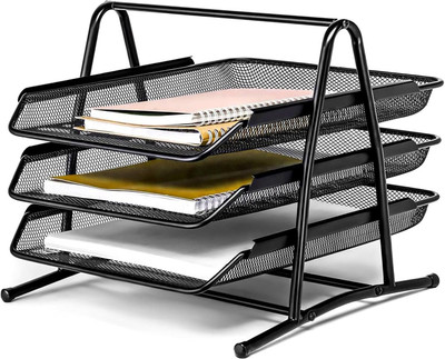 ZODZE 3 Compartments Mesh Desktop Organizer And Storage With Magazine Holder 3 Tier Mesh Metal Desk Organiser File Rack Desk Organizer for Office(Black)