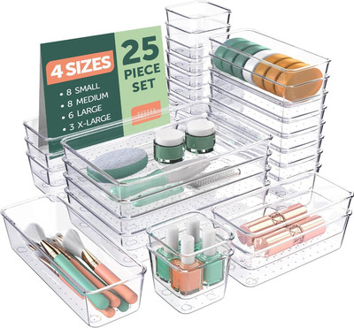 AK10ZONE 25 Compartments Plastic 25 PCS Clear Plastic Drawer Organizers Set(clear)