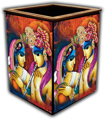 pnf 1 Compartments wooden Colourful Wooden Pen Stand with photo of Radha Krishna -5155(Multicolor)