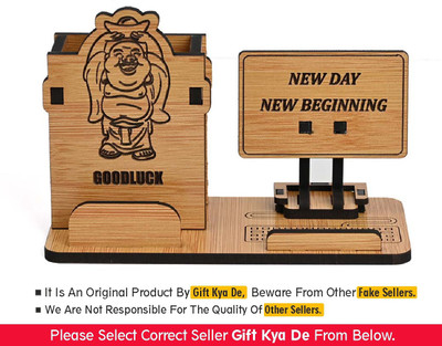 GIFT KYA DE 2 Compartments Laughing Buddha for Good Luck Desk Organizer with Mobile stand and Pen Holder office table decorative items and farewell gift Corporate Gifts (Bamboo)(Brown)