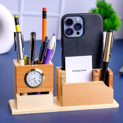 GENIYO 4 Compartments High-quality Wooden Desk Organizer For Pen / Pencil / Mobile And Visiting Card Multipurpose Wooden Desk Organizer Pen & Pencil Box With Clock For Office table(Beige)