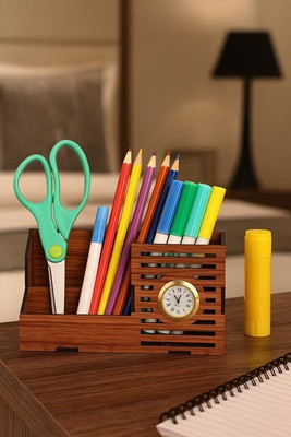 Afast 3 Compartments Wood Wooden Pen / Pencil Stand With Visiting Card & Mobile Holder For Desk Organizers(Brown)