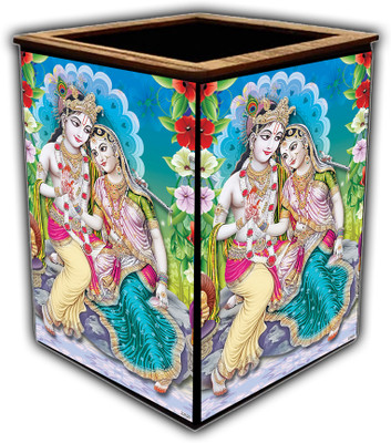 pnf 1 Compartments wooden Colourful Wooden Pen Stand with photo of Radha Krishna -22520(Multicolor)