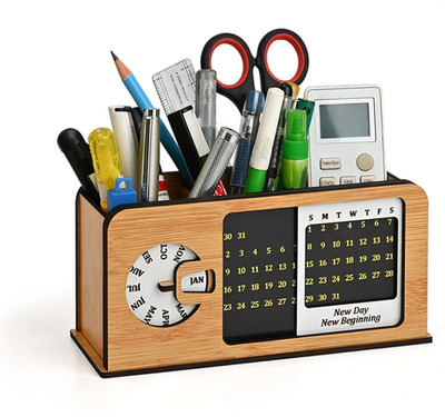 GIFT KYA DE 3 Compartments Wooden Desk Organizer With Calendar & Desk Calendar, Pen Stand, Office Accessories(Bamboo)