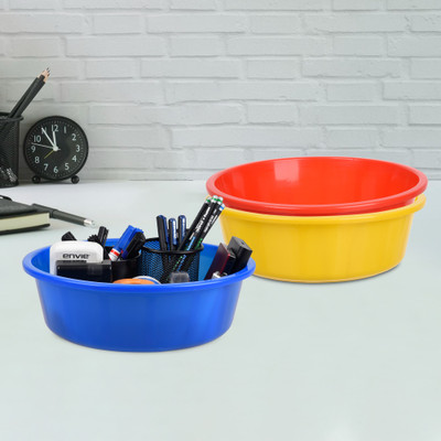 KUBER INDUSTRIES 3 Compartments Plastic Desk Organizer(Yellow & Red & Blue)