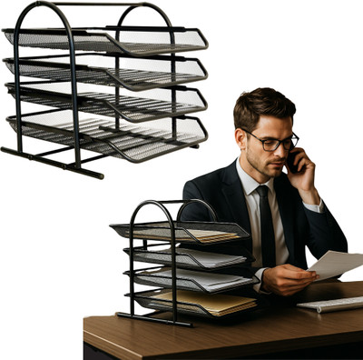Goodwill Tech 4 Compartments Metal Desk file Tray(Black)