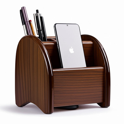 THEGSHOP 3 Compartments WOODEN PEN STAND AND MOBILE HOLDER AND CLIP HOLDER ETC.(Brown)