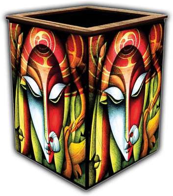 pnf 1 Compartments wooden Colourful Wooden Pen Stand with photo of Radha Krishna -1893(Multicolor)