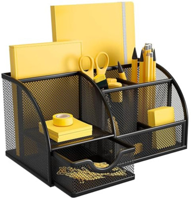 DeskFlex 7 Compartments Metal Stationery Items Organizer for Office and Home Table Top Pen Pencil Holder(Black)