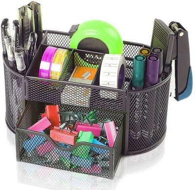 Tuelip 7 Compartments Metal Mesh Multi-Purpose Desktop Organizer Pen Stand Black(Black)