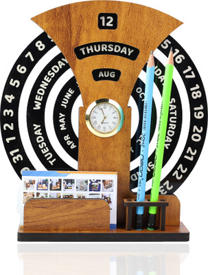 OCHHAV 2 Compartments Calendar of lifetime, calendar desk organizer round table calendar premium antique look for office decor, wooden calendar also corporate gifts(Beige)