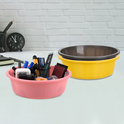 KUBER INDUSTRIES 3 Compartments Plastic Desk Organizer(Yellow & Gray & Light Pink)