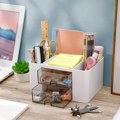 CountryLink 5 Compartments ABS Plastic Multi-Purpose Desk Organizer with 2 Drawers for Stationery, Makeup & Office(White)