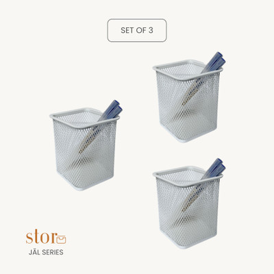 stor 0 Compartments Powder Coated Metal Pen Stand(Ecru White)