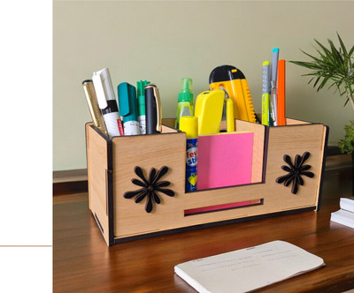 Giftingcare 4 Compartments Wooden Desk Organizer with Stationery, Mobile Holder, Remote & Visiting Card Holder(Teak Wood)