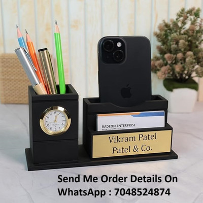 Satvat 3 Compartments Wooden Pen Stand With Clock, Mobile and Visiting Card Holder for Office Desk and Study Table | Multipurpose Desk Organizer Aesthetic Accessories(Black)