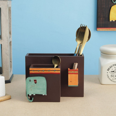 VarEesha 3 Compartments Engineered Wood Tissue and Spoon Stand with Toothpick Holder(Multicolor)