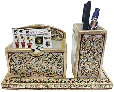 Giftsee Store 2 Compartments Marble Visiting Card & Pen Stand(White)