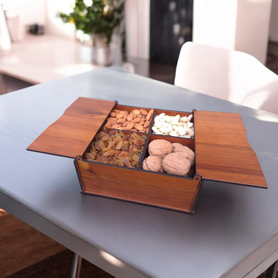 Giftingcare 4 Compartments Wooden Designer Dry Fruit Box Multipurpose & Decorative Mukhwas, Chocolates Box For Diwali & Festival Gifting(Teak)