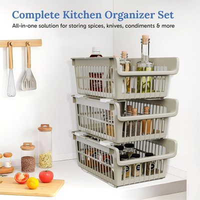 AK10ZONE 6 Compartments Plastic Stackable Wardrobe Organizer Rack for Storage(Beige)
