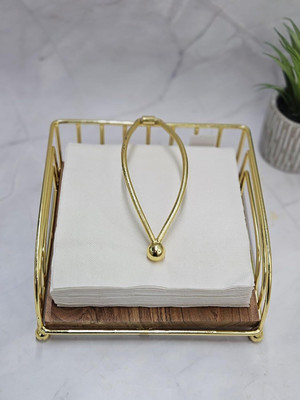 Desi Decco 1 Compartments Metal & Wood Napkin Holder for Dining Table and Kitchen & Tissue Paper Stand(Gold)